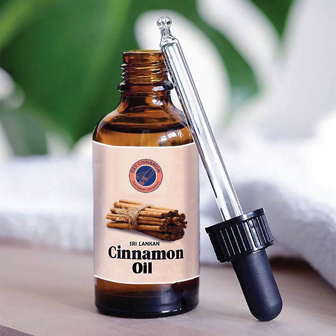 Cinnamon oil bottle with dropper sold at Cey Cinnamon