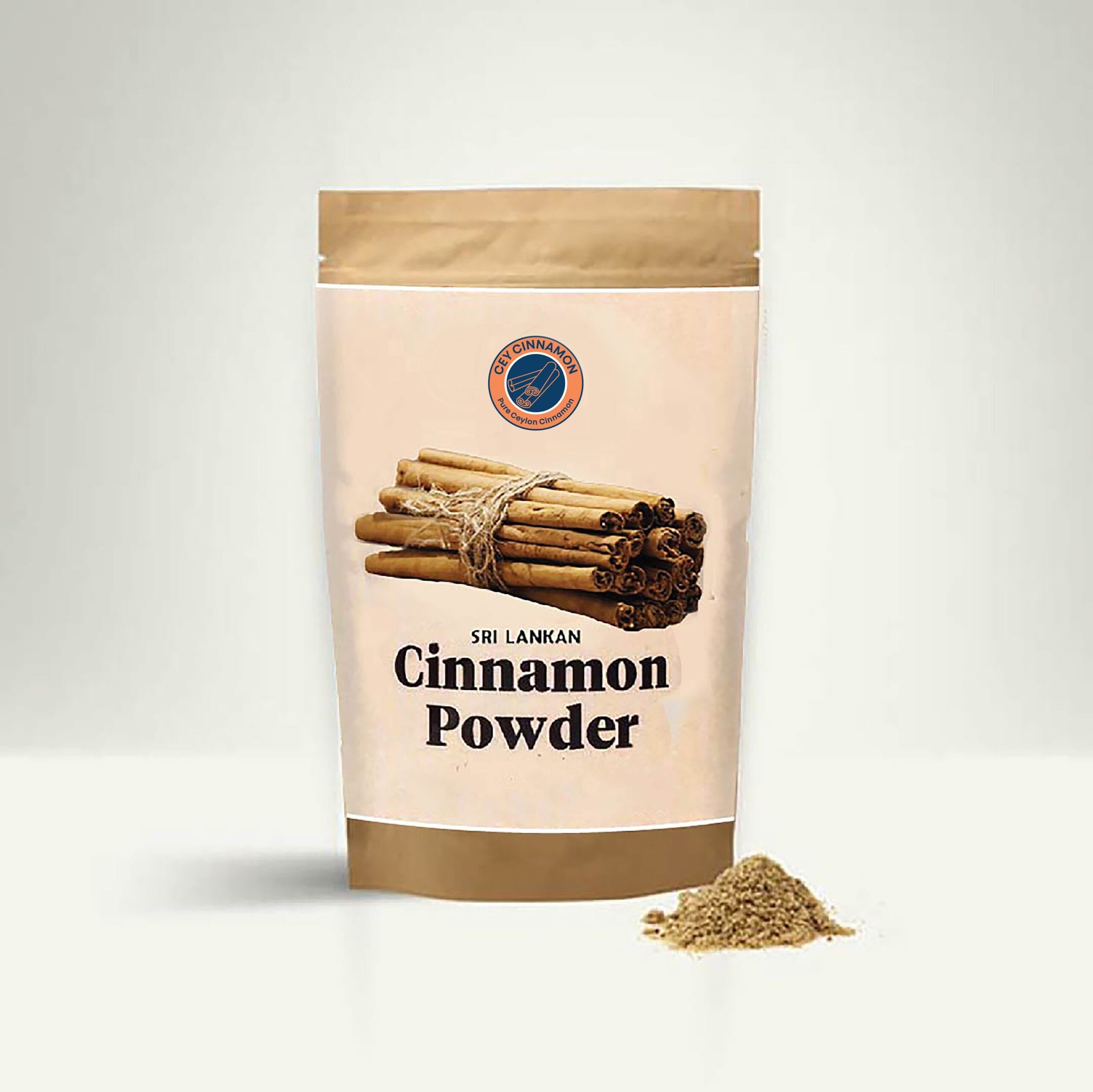 Cinnamon powder in a bag displayed against a clean white background at Cey Cinnamon